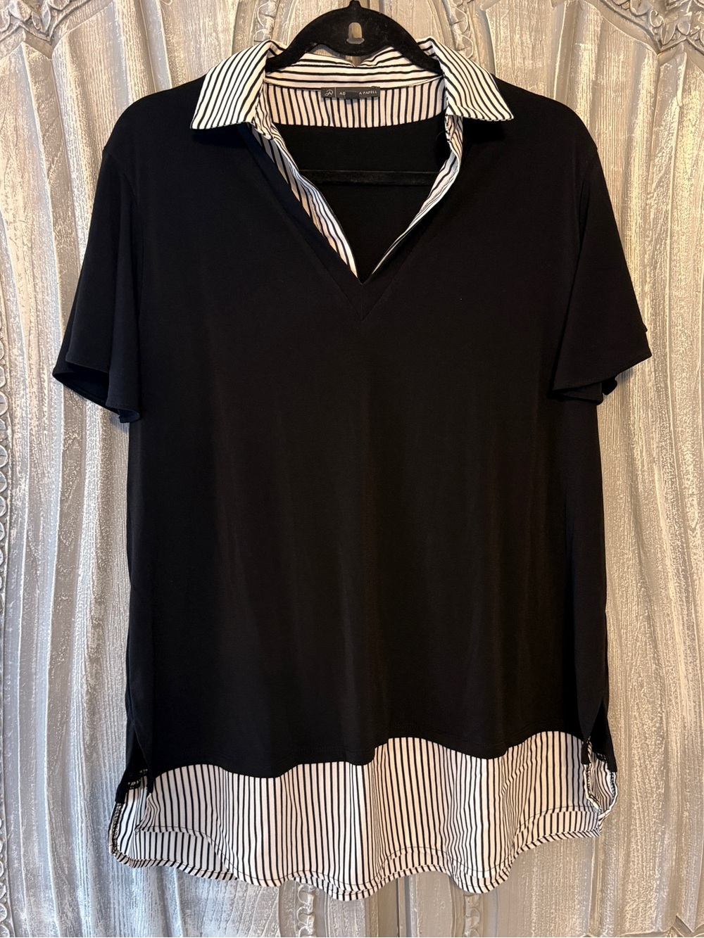 Adrianna Papell Black Layered-Look V-Neck Top with White/Black Striped Trim